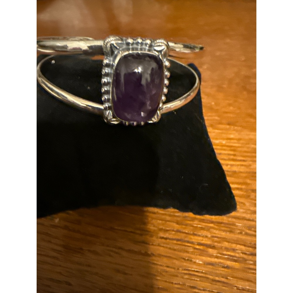 Sterling Silver 925 Purple Jadeite Cuff Bracelet Vintage Style Bezel Cabochon - Picture 4 of 4